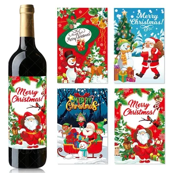 Ziemassvētku Dekoratīvie Vīna Pudeles Uzlīmes Priecīgus Ziemassvētkus Puse Sarkanā Vīna Pudeli, Līmi, Uzlīmes Laimīgu Jauno Gadu Grupa Uzlīmes