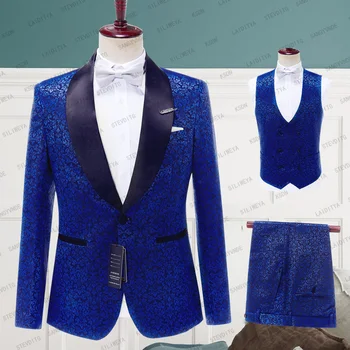 2023 Jaunu Stilu Pielāgotu Royal Blue Print Single Krūtīm, Biznesa Vīriešu Uzvalku Vīriešiem, Kāzu Uzvalki 3 Gabali(Jaka+Elsas+Veste)